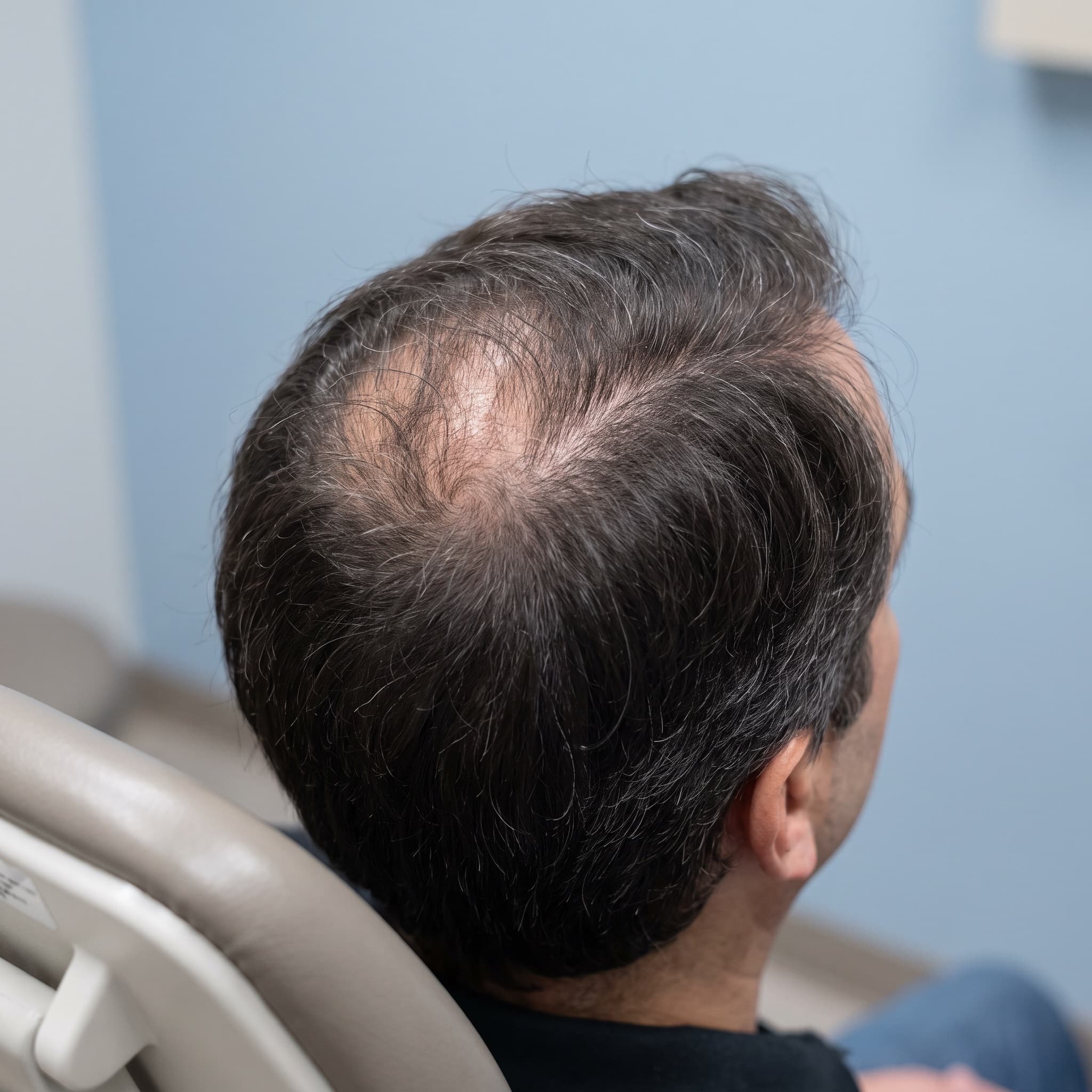 A scalp, before and after an illustrative hair restoration preview — before