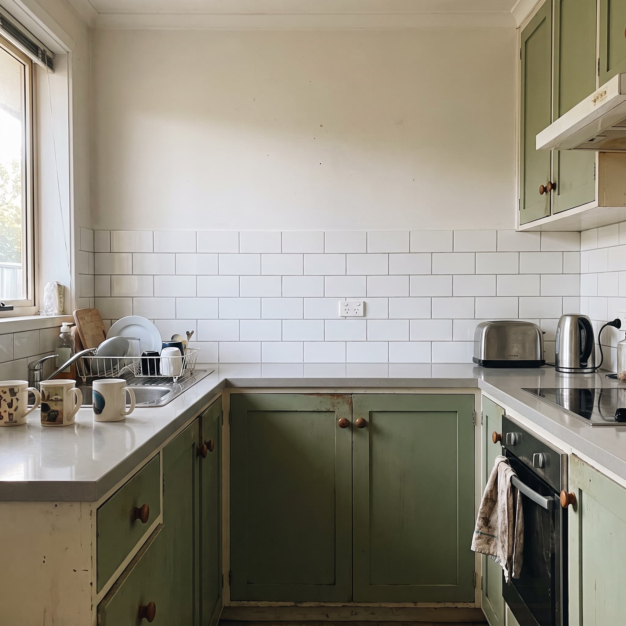 A kitchen, before and after a countertop and backsplash change — after